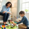 Licensed child psychologist observing young boy during play therapy session in bright, welcoming therapy office with toys, building blocks, and child-friendly decor