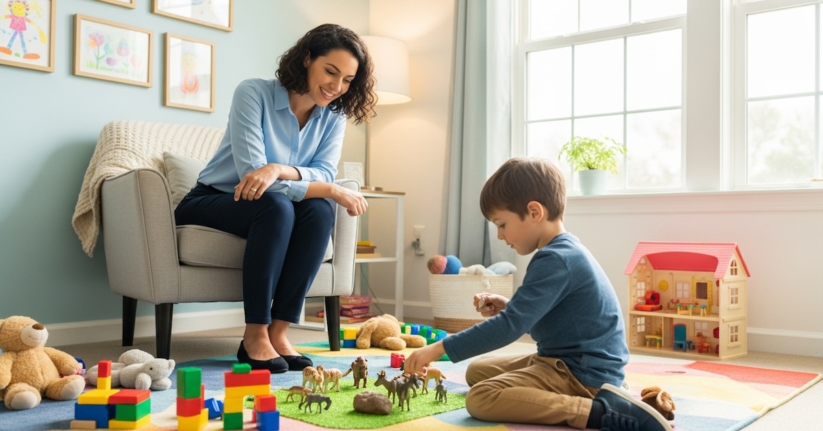 Licensed child psychologist observing young boy during play therapy session in bright, welcoming therapy office with toys, building blocks, and child-friendly decor