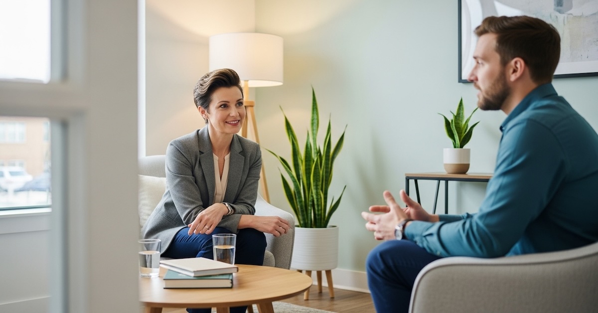 Professional counseling psychologist conducting therapy session with male client in modern comfortable office with natural lighting and calming environment