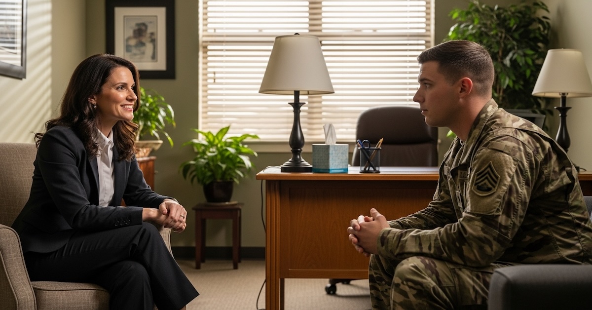 Female military psychologist in professional attire conducting therapy session with male service member in uniform in private counseling office