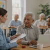 Social gerontologist with clipboard counseling smiling elderly Asian couple at community center table with laptop while diverse seniors participate in activities in background