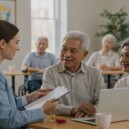 Social gerontologist with clipboard counseling smiling elderly Asian couple at community center table with laptop while diverse seniors participate in activities in background