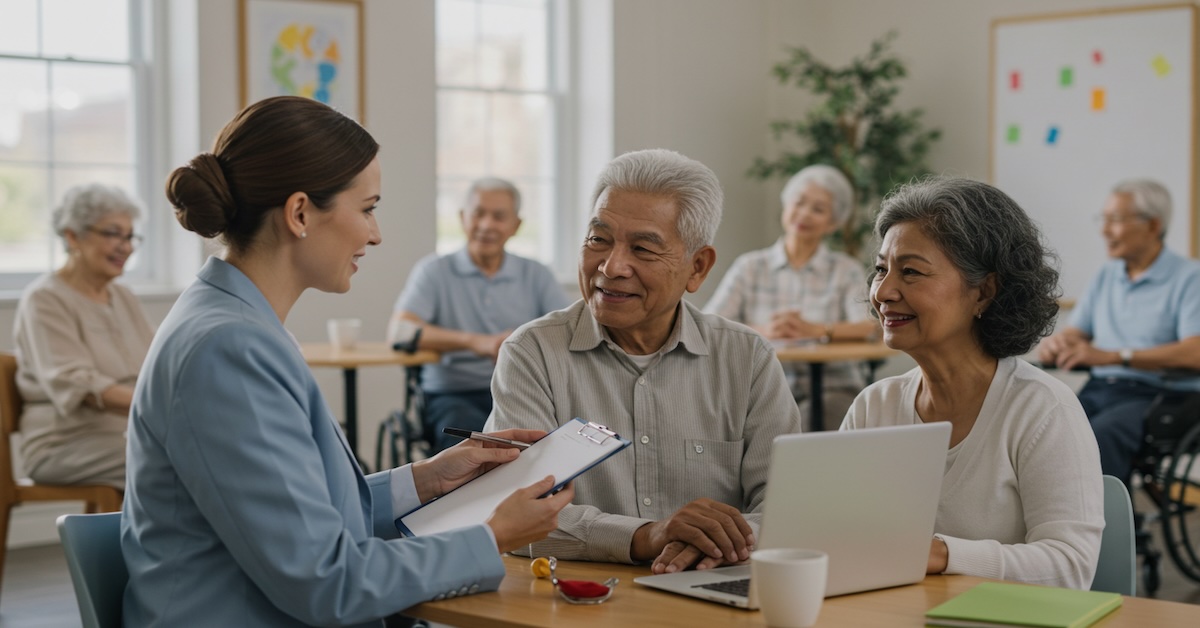 Social gerontologist with clipboard counseling smiling elderly Asian couple at community center table with laptop while diverse seniors participate in activities in background
