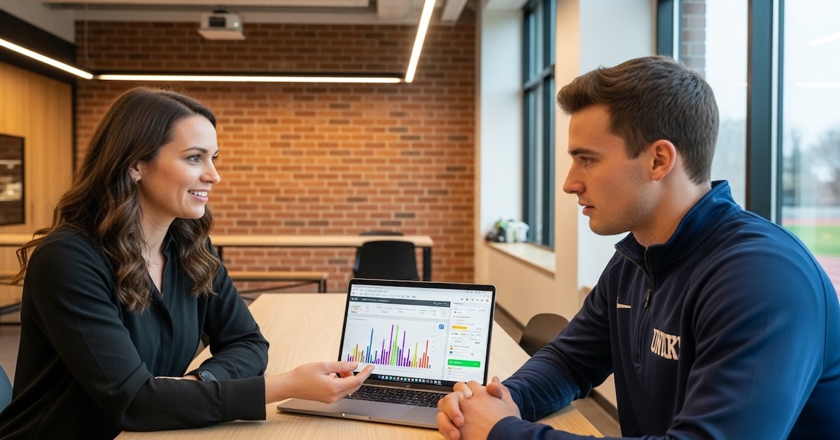 Sports psychologist working with collegiate athlete on mental training and visualization exercises using digital performance tracking tools in university athletics facility 