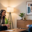 Professional depression counselor conducting therapy session with male client in warm, modern counseling office with natural lighting and plants