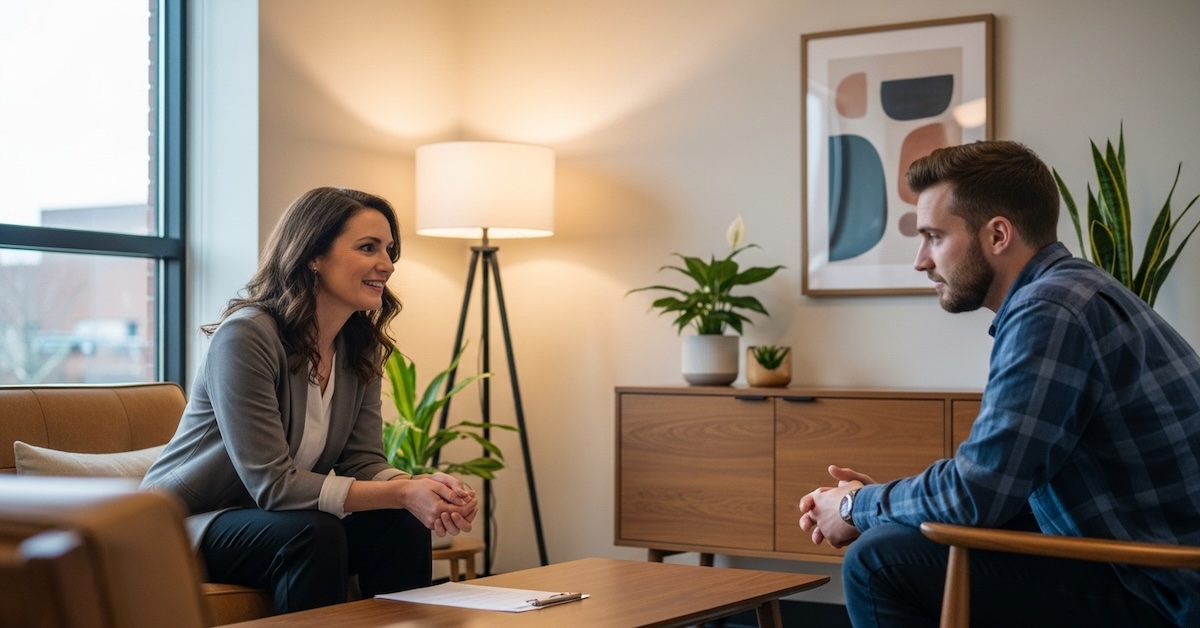 Professional depression counselor conducting therapy session with male client in warm, modern counseling office with natural lighting and plants