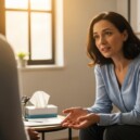 Domestic violence counselor providing supportive therapy to survivor in private counseling office with warm natural lighting and empathetic body language