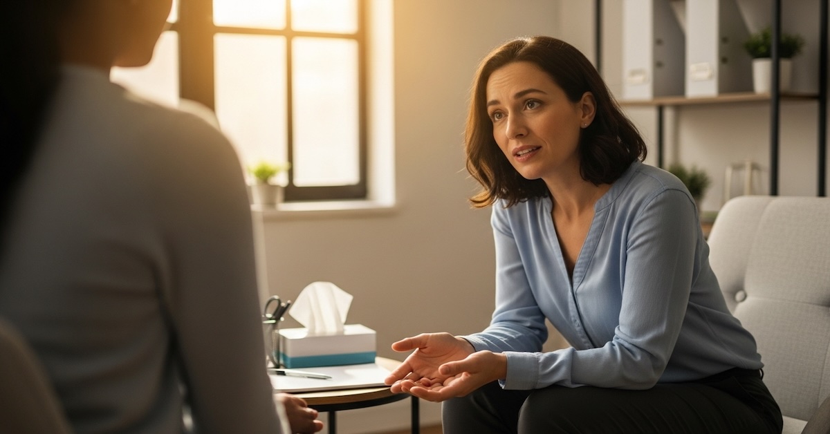 Domestic violence counselor providing supportive therapy to survivor in private counseling office with warm natural lighting and empathetic body language