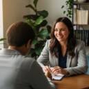 Professional grief counselor conducting therapy session with client in comfortable office with plants and natural lighting