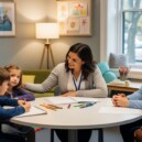 Child welfare social worker conducting family assessment meeting with parents and two children in professional office setting with child-friendly environment