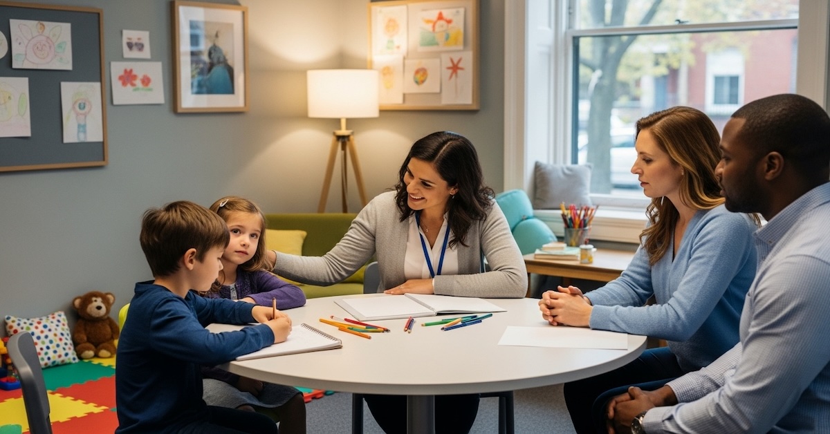 Child welfare social worker conducting family assessment meeting with parents and two children in professional office setting with child-friendly environment