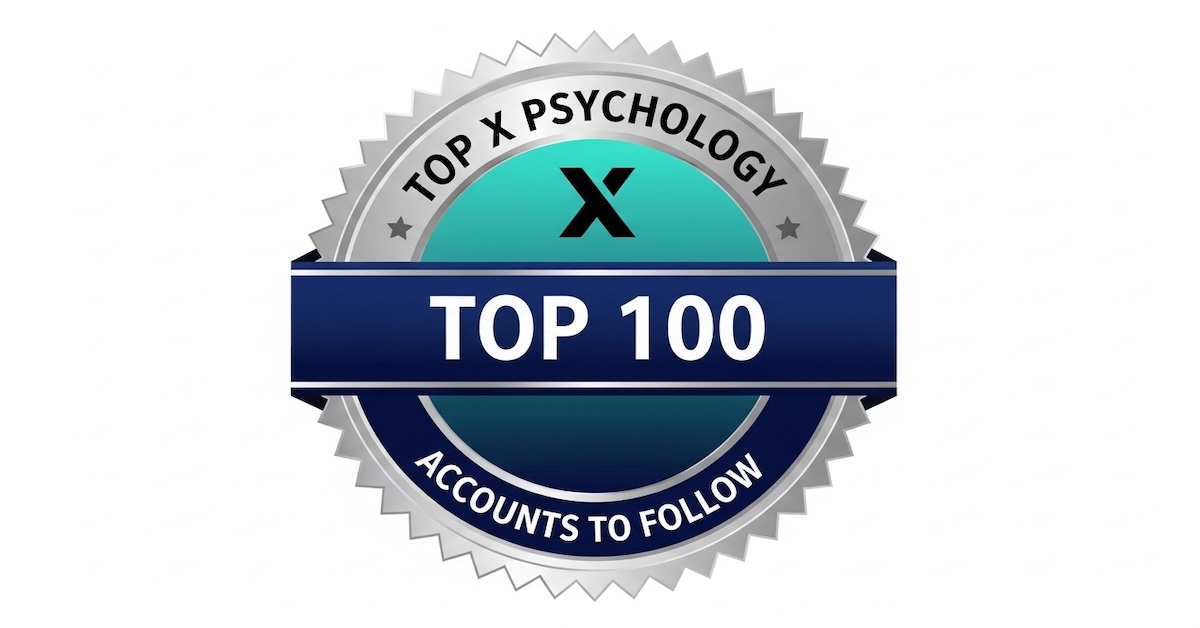 Top 100 X Psychology Accounts to Follow badge with silver starburst seal, X platform logo, and navy blue ribbon