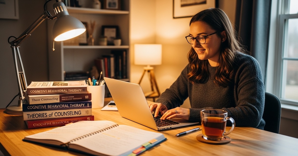 Graduate counseling student working on laptop at home office desk with cognitive behavioral therapy and counseling textbooks, notebook, and warm lighting