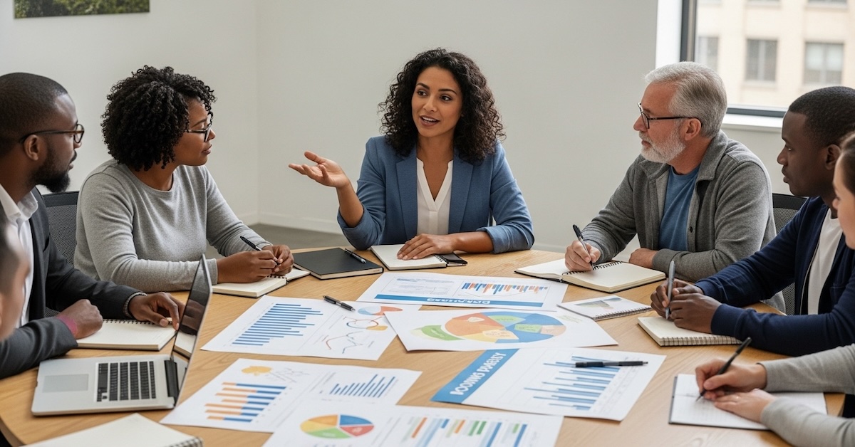Community psychologist leading program evaluation meeting with diverse stakeholders reviewing data charts and community health outcomes
