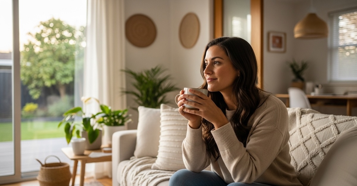 Mental health professional relaxing at home with coffee, demonstrating healthy work-life balance and boundary setting for therapists and counselors