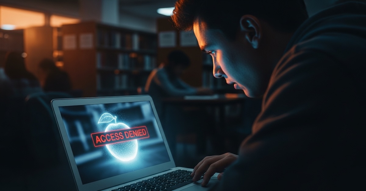 Person experiencing psychological effects of censorship viewing access denied message on laptop showing restricted information and forbidden fruit phenomenon in action