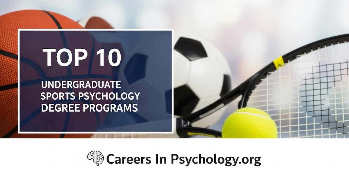Top 10 undergraduate sports psychology degree programs header with basketball, soccer ball, and tennis equipment representing collegiate athletic programs