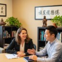 Cultural psychologist conducting therapy session with diverse clients in office with multicultural décor
