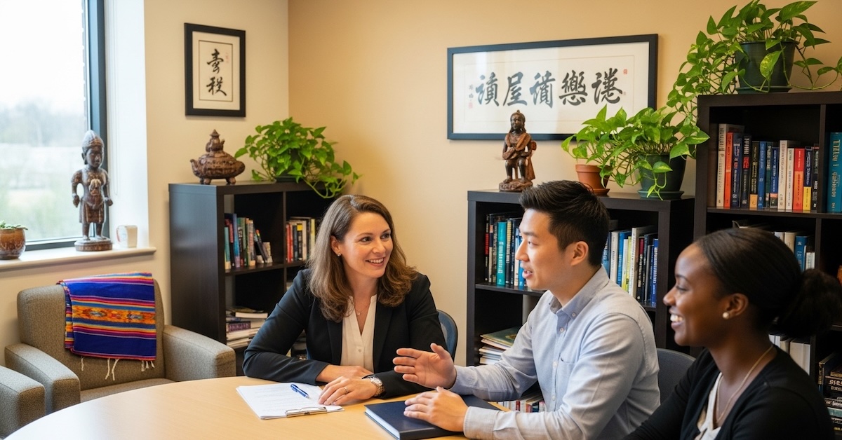 Cultural psychologist conducting therapy session with diverse clients in office with multicultural décor