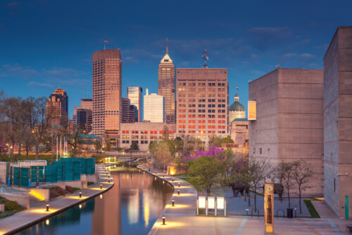 Indianapolis Indiana downtown skyline with canal walk at dusk, where licensed marriage and family therapists practice