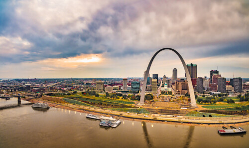 St. Louis Missouri skyline with Gateway Arch and Mississippi River
