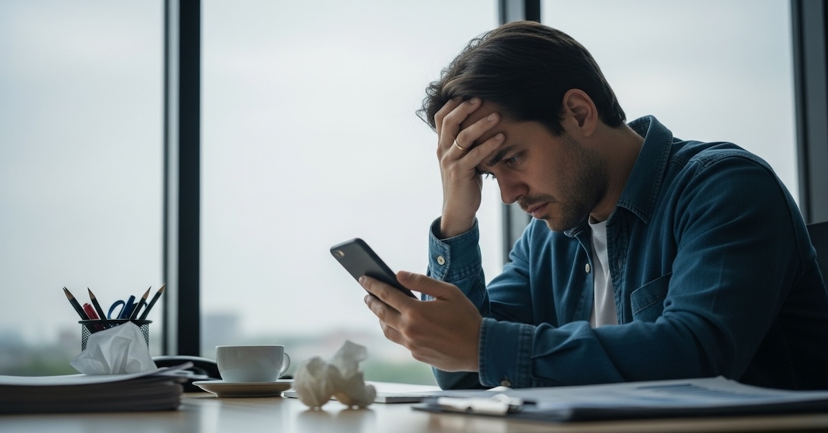 Stressed man holding smartphone with hand on forehead showing signs of anxiety and poor mental health from excessive phone use and bad habits