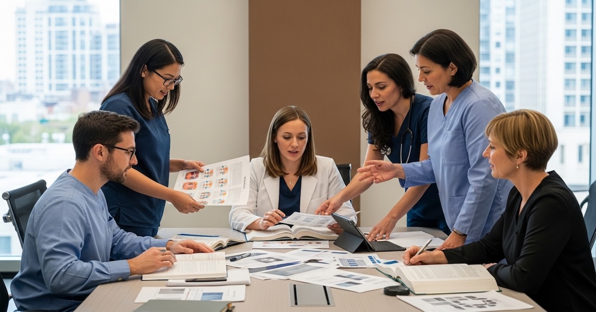 Diverse group of psychiatry professionals and mental health clinicians collaborating around conference table reviewing patient care materials and research in modern medical office