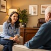 Female geropsychologist with stethoscope conducting therapy session with elderly male patient in warm, comfortable office setting