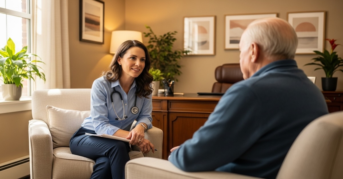 Female geropsychologist with stethoscope conducting therapy session with elderly male patient in warm, comfortable office setting