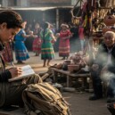 Psychological anthropologist taking field notes during ethnographic research in traditional cultural community setting with elders