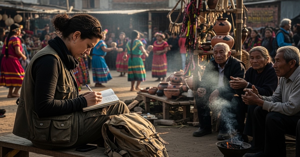 Psychological anthropologist taking field notes during ethnographic research in traditional cultural community setting with elders