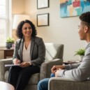 Professional school counselor having supportive conversation with male high school student in bright counseling office with natural lighting