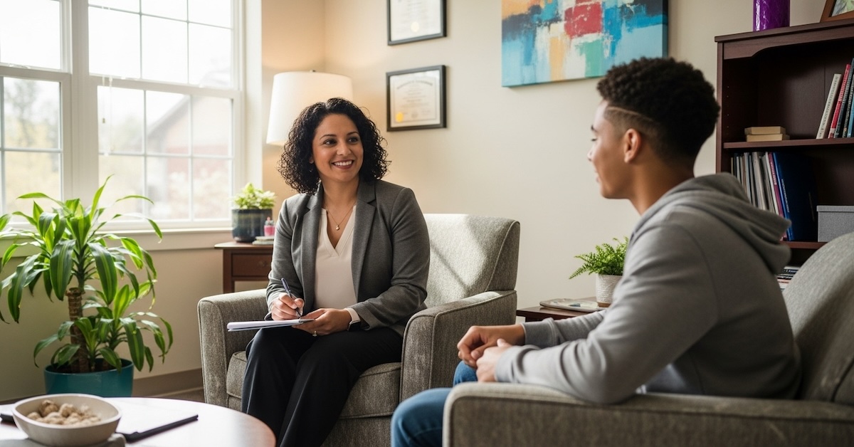 Professional school counselor having supportive conversation with male high school student in bright counseling office with natural lighting