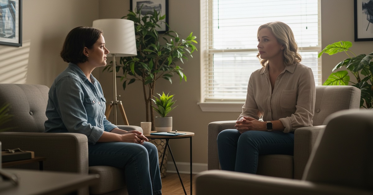 Two women in therapy session sitting in comfortable chairs in bright modern counseling office with plants and natural light