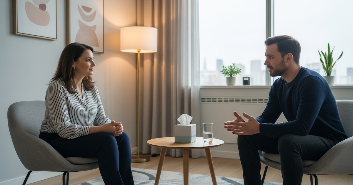 Licensed therapist conducting counseling session for narcissistic personality disorder treatment in modern therapy office