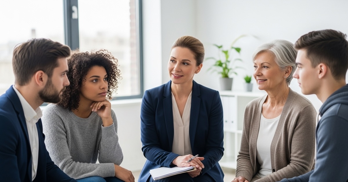 PhD psychologist leading group therapy session with diverse clients in modern counseling office 
