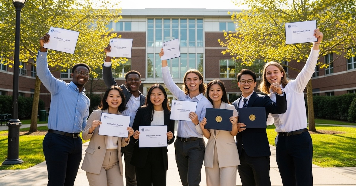 Diverse group of psychology students celebrating on university campus holding scholarship award certificates in front of academic building
