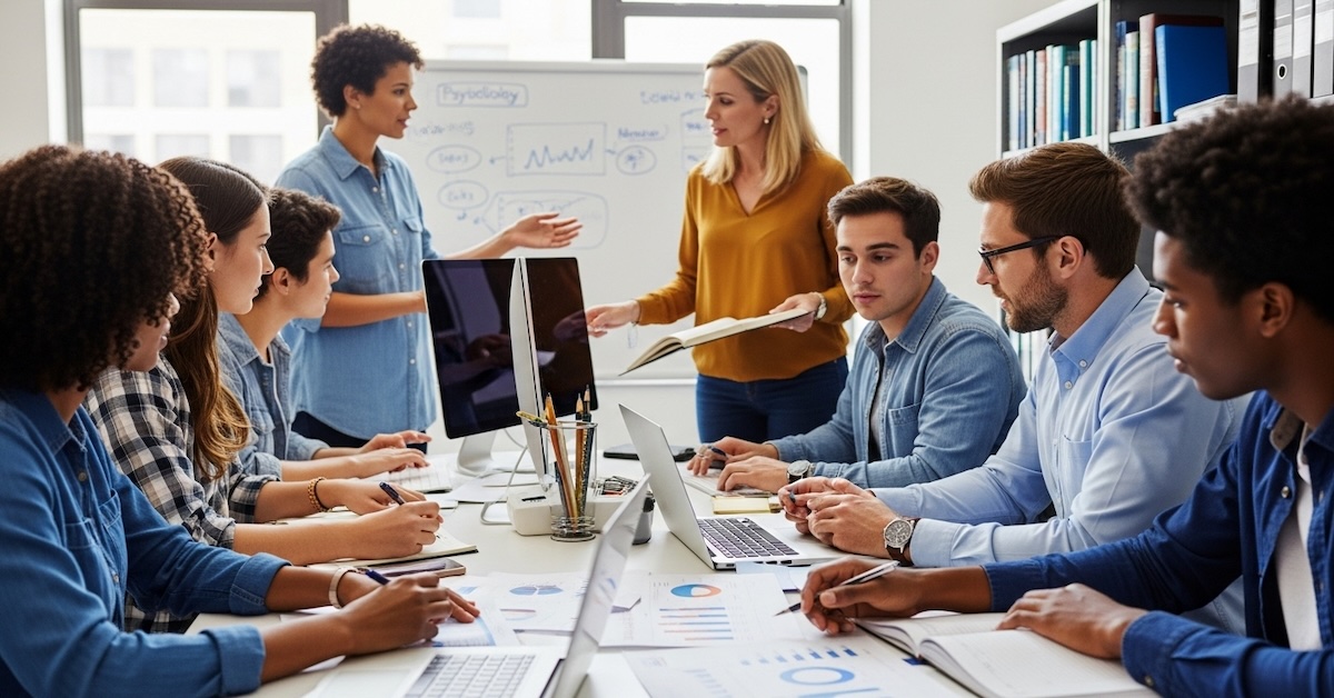 Diverse undergraduate psychology students collaborating with female professor on research project in university office with whiteboard and laptops
