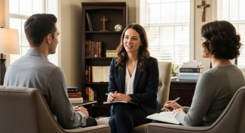 Pastoral counselor conducting couples therapy session in faith-based counseling office with religious texts and cross visible