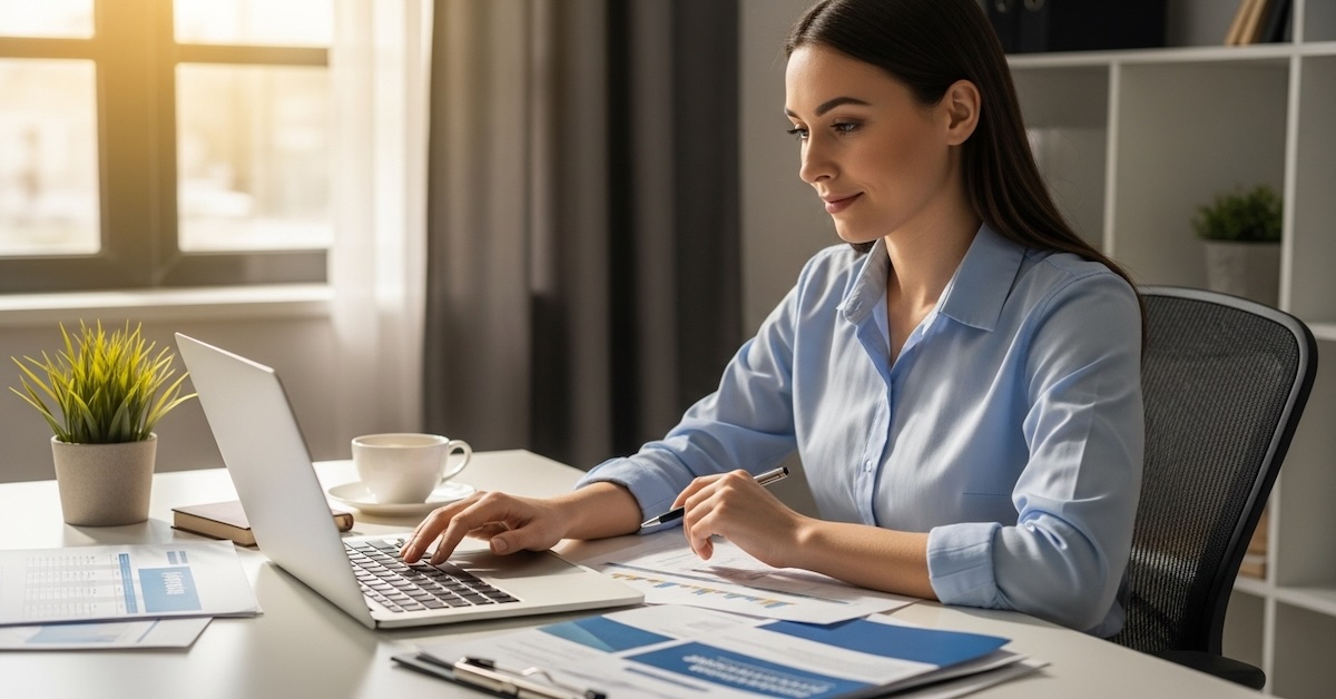 Young professional woman researching affordable psychology master's programs on laptop at home office desk with financial planning documents