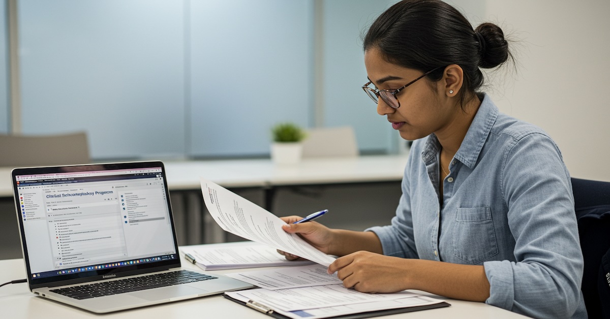Graduate student reviewing PhD psychology scholarship application documents at desk with laptop