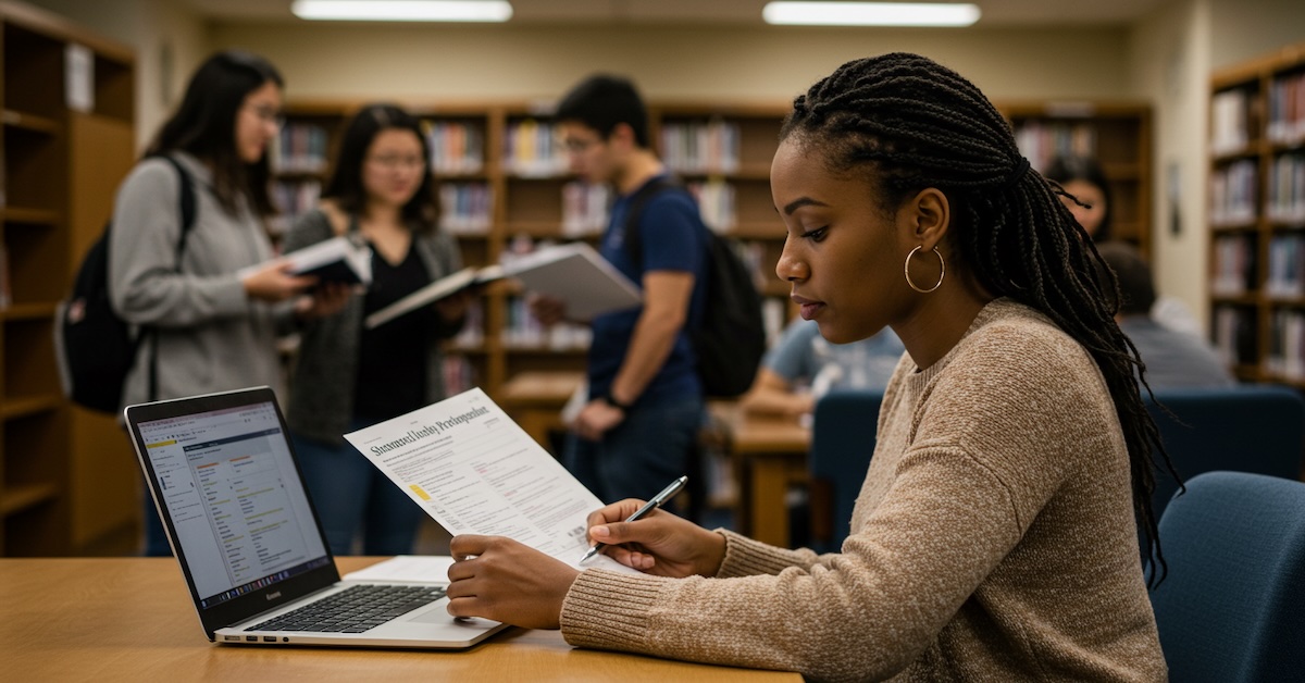 Graduate student reviewing financial aid documents and scholarship applications on laptop in university library with diverse study group in background