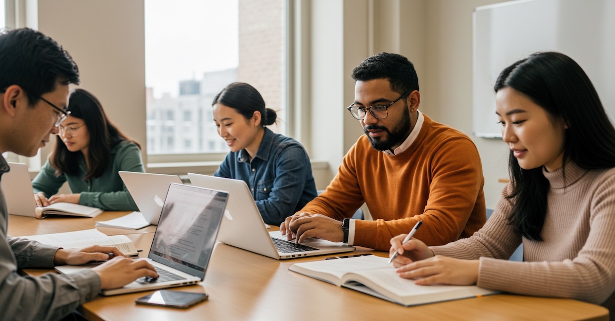 Diverse group of mental health counseling graduate students studying together with laptops and notebooks in bright modern classroom