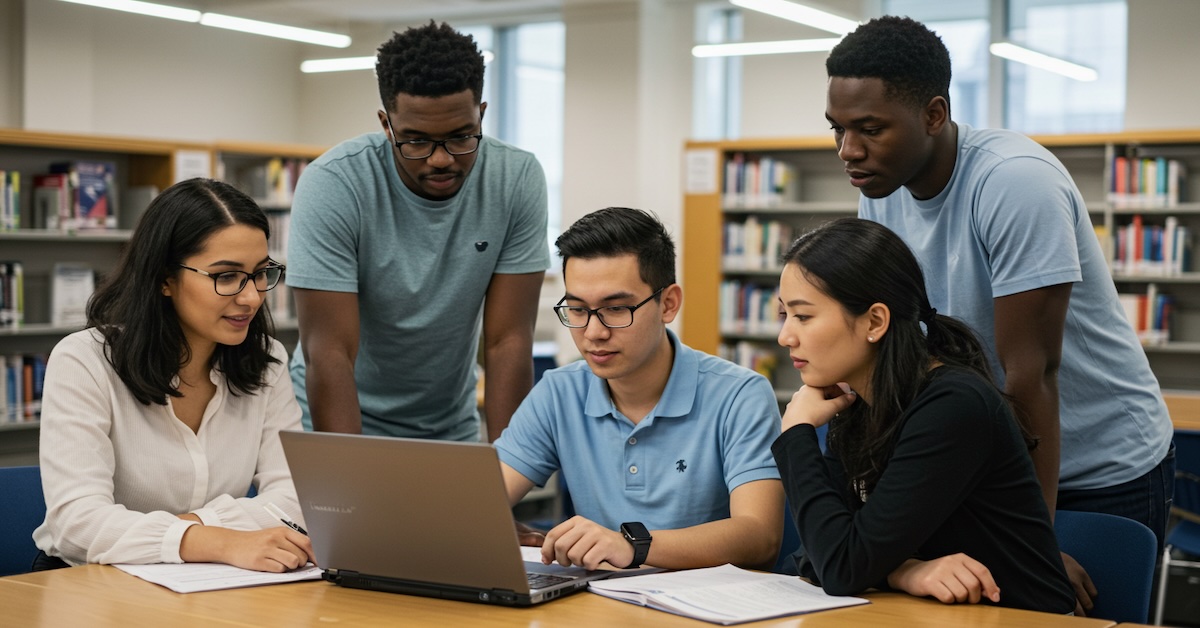 Diverse group of marriage and family therapy graduate students collaborating on scholarship applications in university library, reviewing financial aid information on laptop together