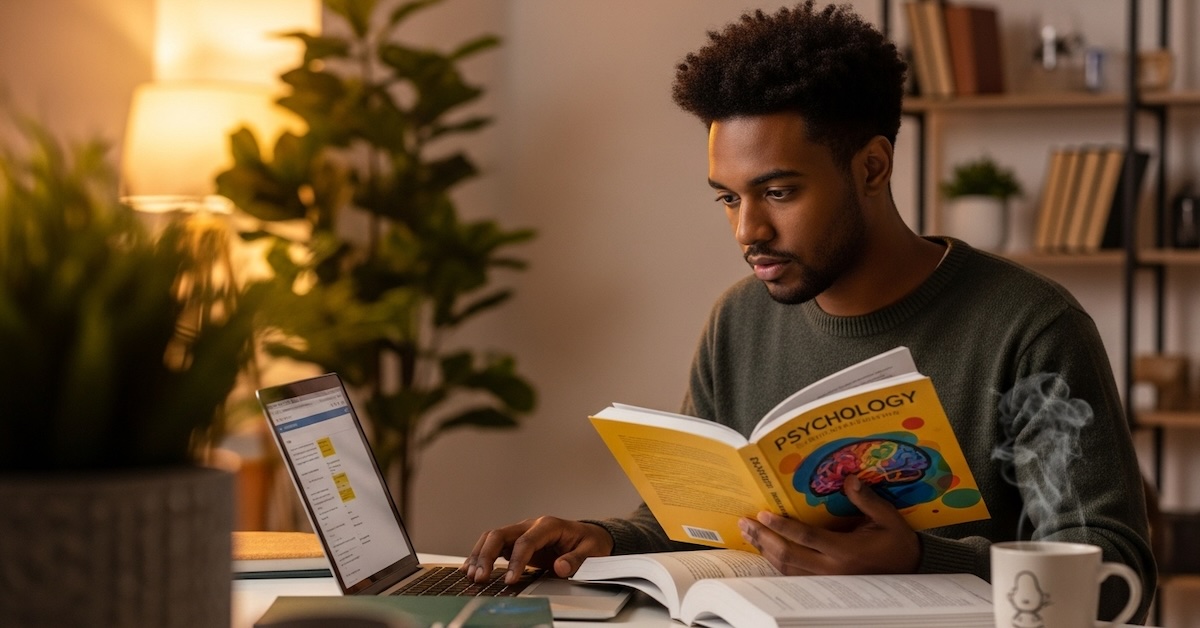Adult student reading psychology textbook while working on laptop at home, studying part-time degree in evening