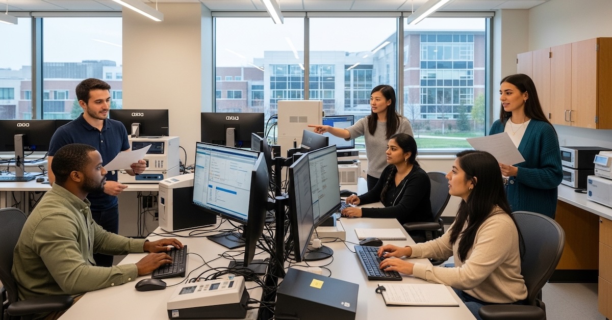 Graduate students collaborating in psychology research lab discussing data analysis and graduate school preparation strategies