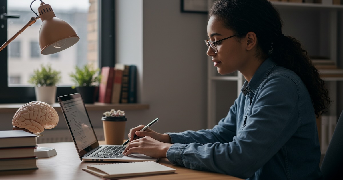 Female college student studying online psychology program on laptop at home desk with brain model, textbooks, and desk lamp