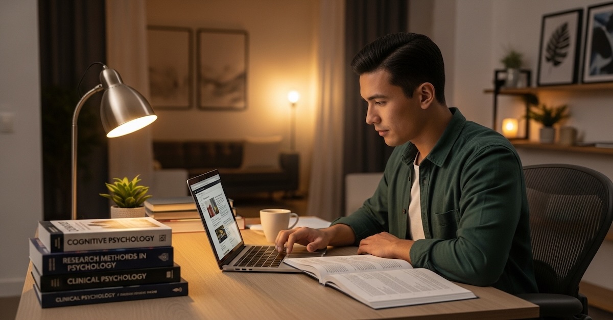 Adult professional studying psychology master's degree materials on laptop at home office desk in evening with textbooks and coffee, warm lighting